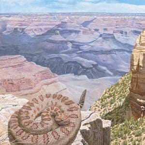 A painting of the grand canyon and its surroundings