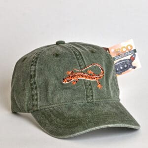 Green baseball cap with orange salamander embroidery