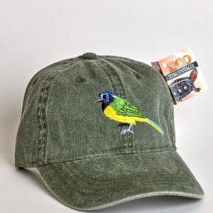 Olive green cap with embroidered bird