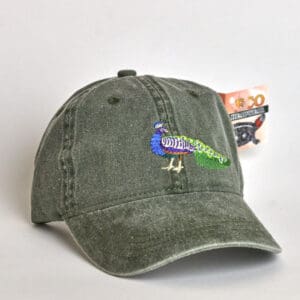 Olive green baseball cap with embroidered peacock